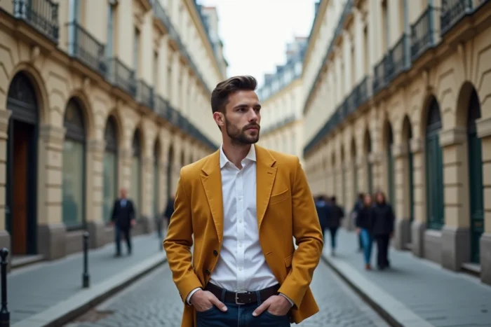 Homme stylé en blazer moutarde et jean indigo posant dans une rue pavée européenne