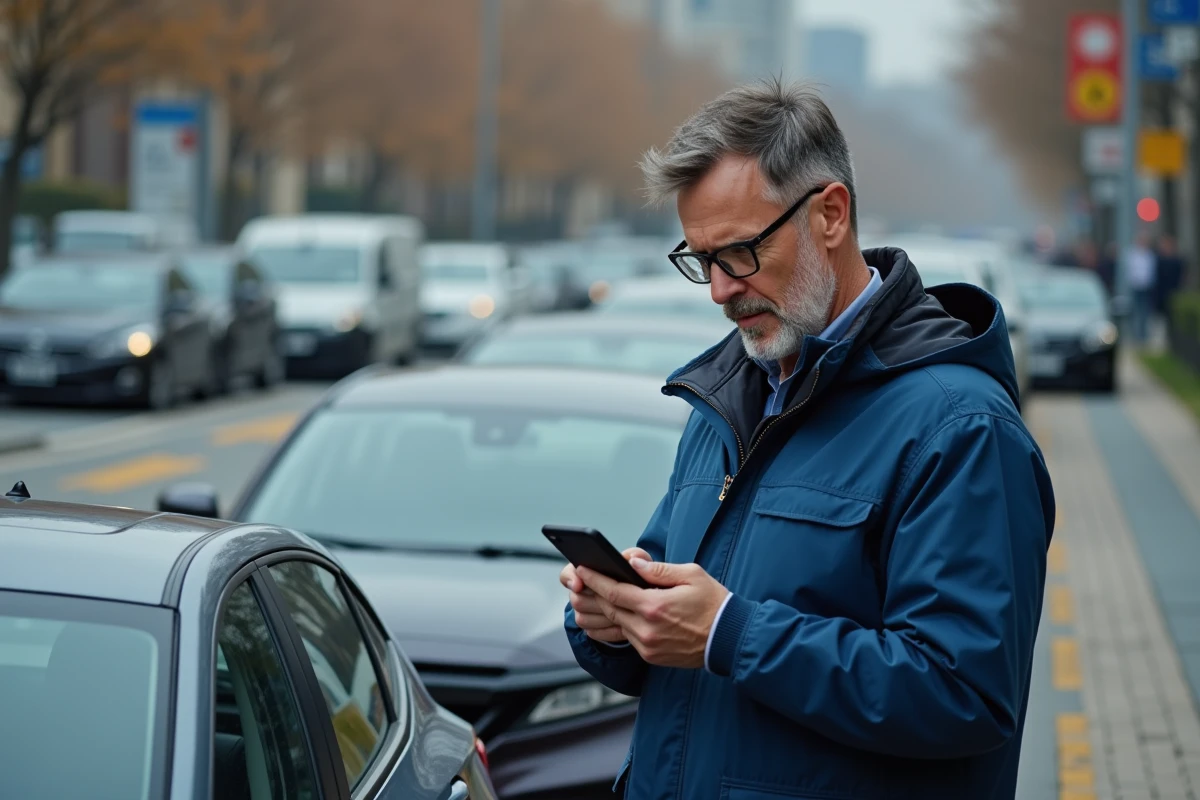 Homme regardant son smartphone dans un parking urbain