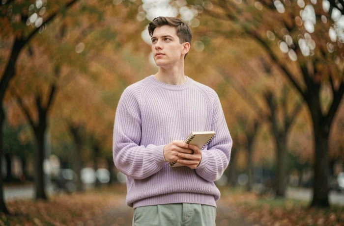 Jeune adulte androgyne en pull lavande tenant un carnet dans un parc urbain en automne, illustrant l'identité de genre non-binaire et le demigenre