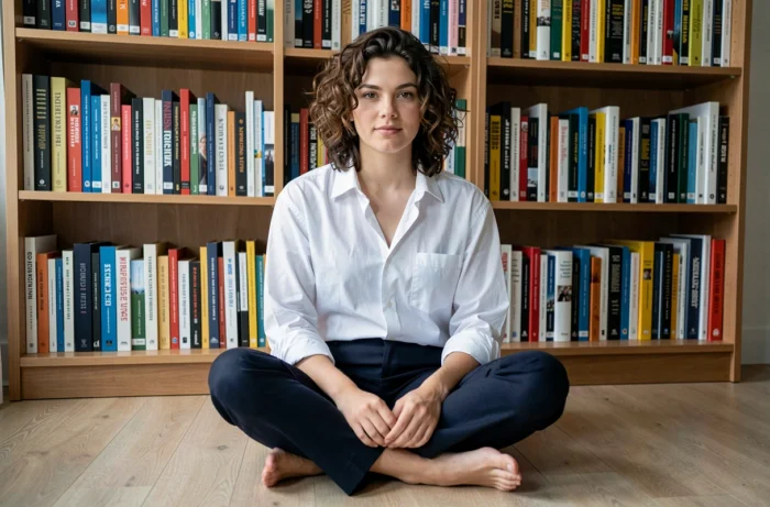 Jeune adulte non-binaire assis dans une bibliothèque personnelle, regard confiant vers l'objectif, représentant la fierté et la sérénité autour des identités demigenre