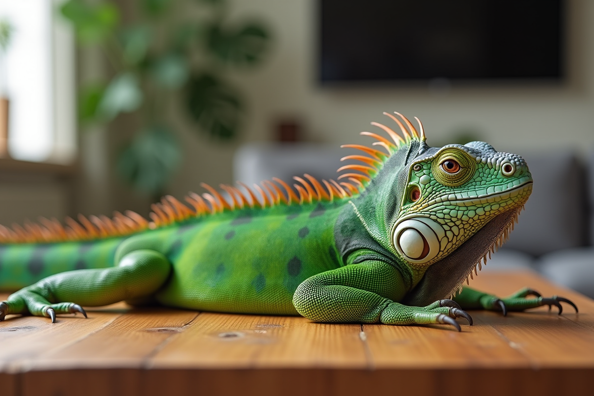 Un iguane vert reposant sur une table en intérieur lumineux