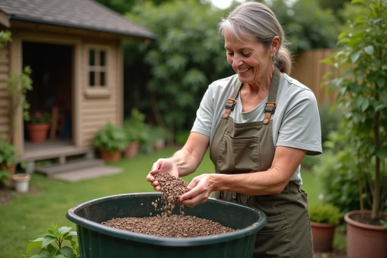 Femme jardinant avec composteur et argile pebbles
