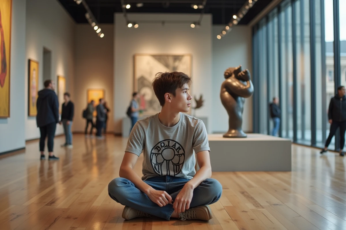 Jeune homme contemplant sculpture dans musée d