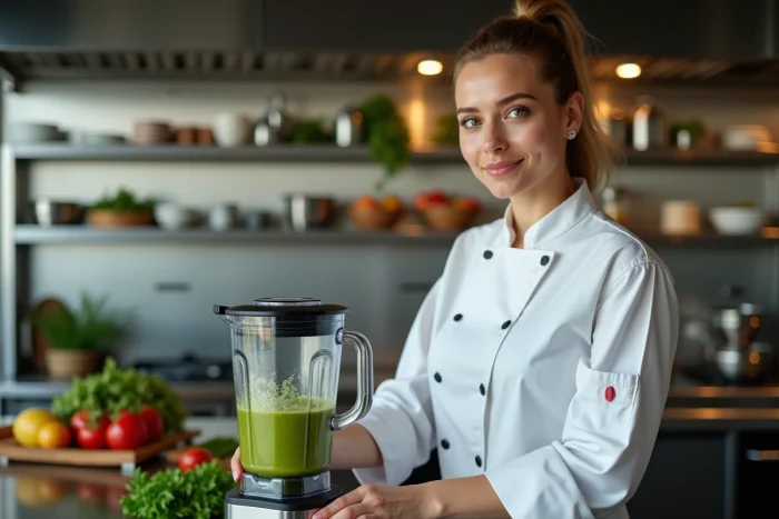 Jeune chef femme en cuisine mixant une sauce verte
