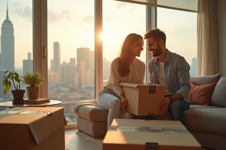 Jeune couple souriant dans un appartement moderne en train de déballer des cartons