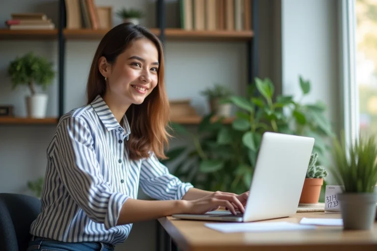 Jeune femme au bureau moderne travaillant sur son ordinateur