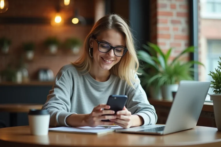 Jeune femme souriante avec smartphone dans un café moderne