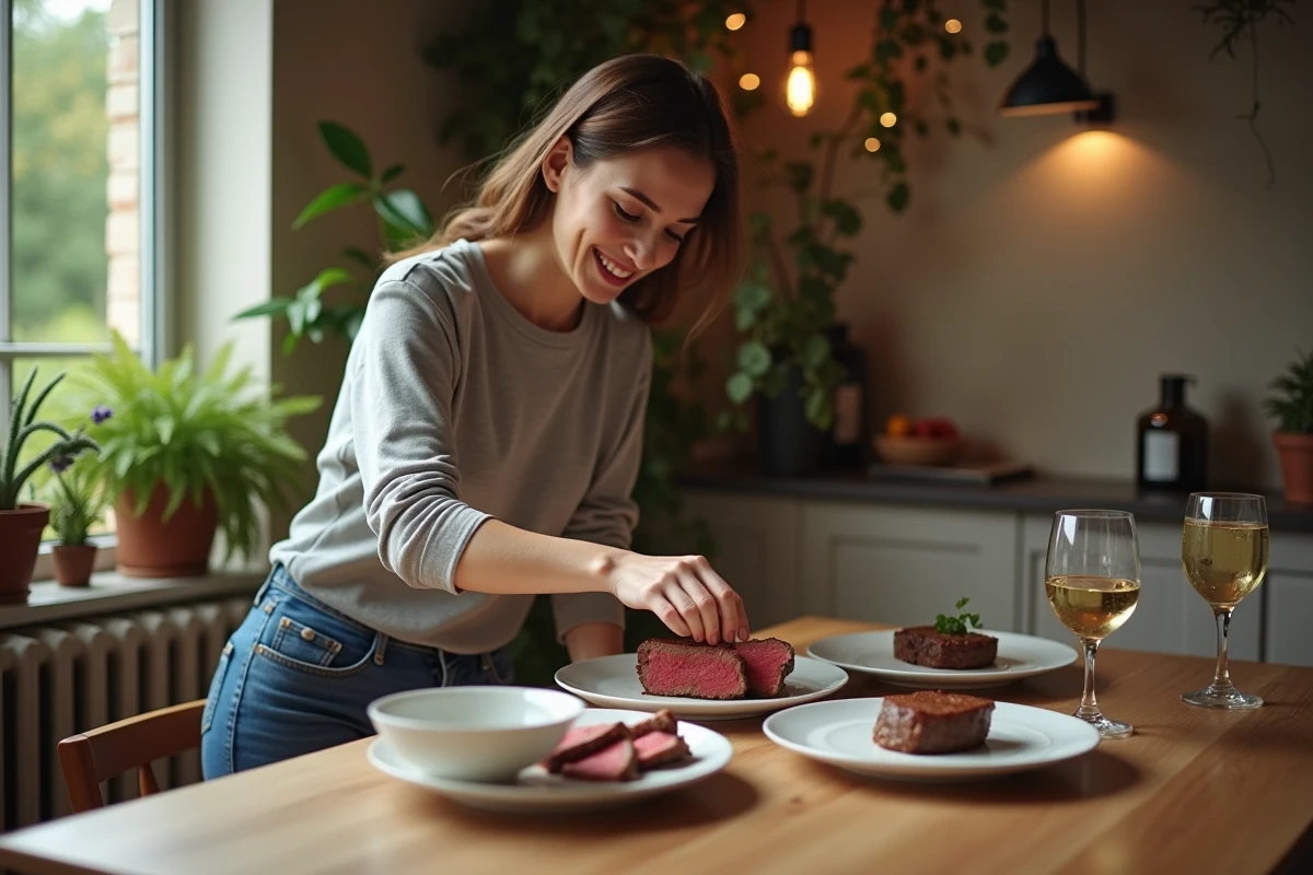 Jeune femme plaçant des tranches de filet mignon sur une assiette