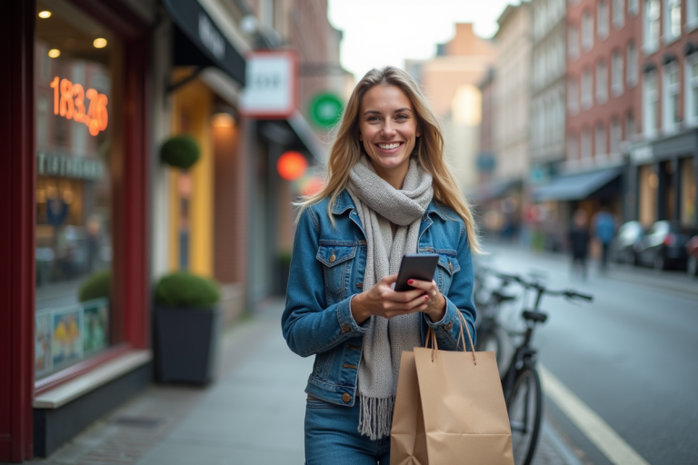 Jeune femme souriante avec sac et smartphone en ville