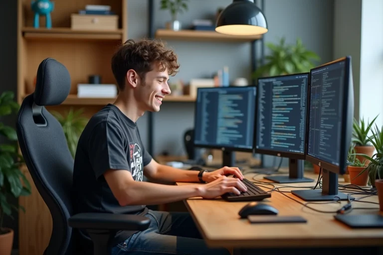 Jeune homme en coding dans un bureau moderne