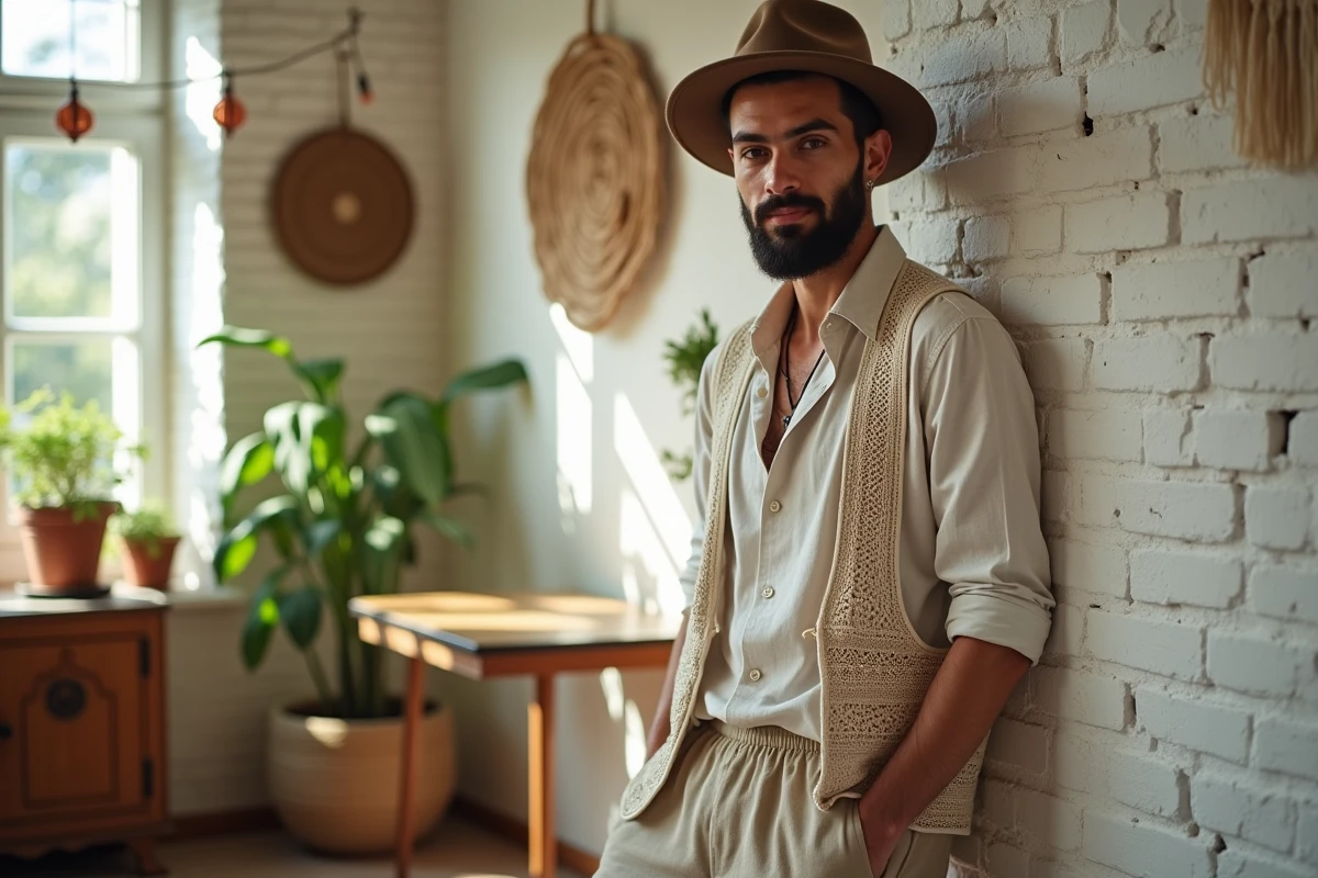 Jeune homme en loft boho avec murs en briques blanches