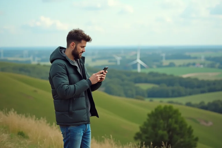 Jeune homme en plein air vérifiant son signal avec paysage rural