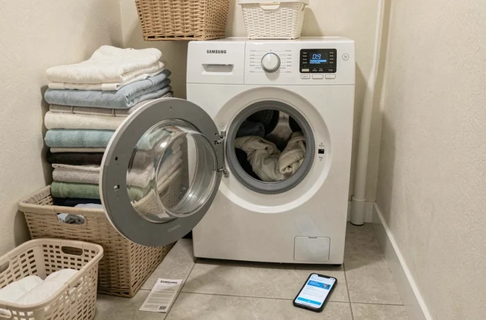 Lave-linge Samsung Eco Bubble 7kg ouvert avec écran de réinitialisation visible, accompagné d'un manuel et d'un smartphone affichant un guide de dépannage