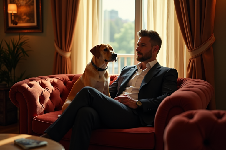 Salon hollywoodien glamour avec un homme et un chien