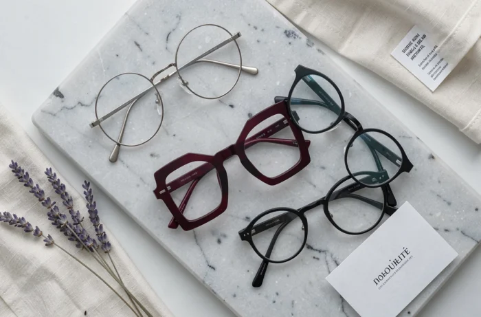 Trois paires de lunettes françaises haut de gamme en titane et acétate présentées en flat-lay sur marbre gris
