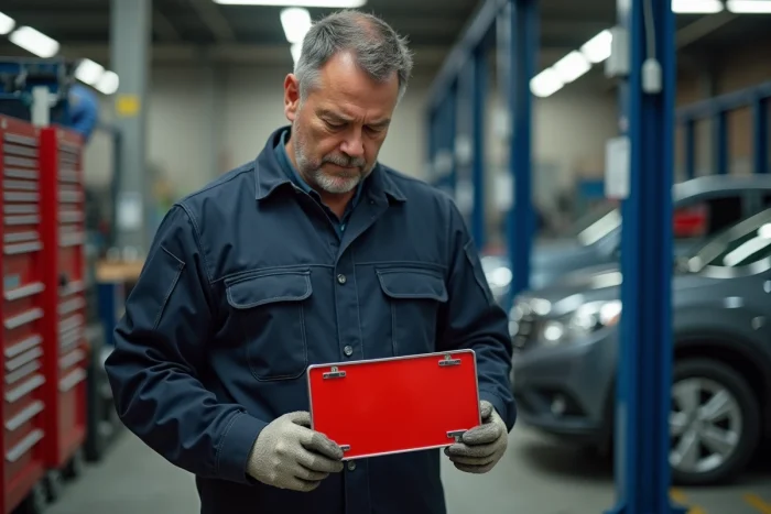 Mécanicien tenant une plaque d'immatriculation belge rouge dans un garage automobile professionnel