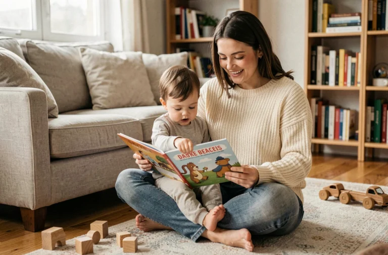 Mère et enfant en bas âge lisant ensemble un livre illustré sur un tapis de salon chaleureux