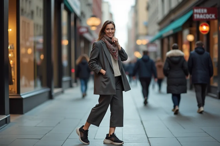 Femme élégante en blazer ajusté et pantalon large en ville