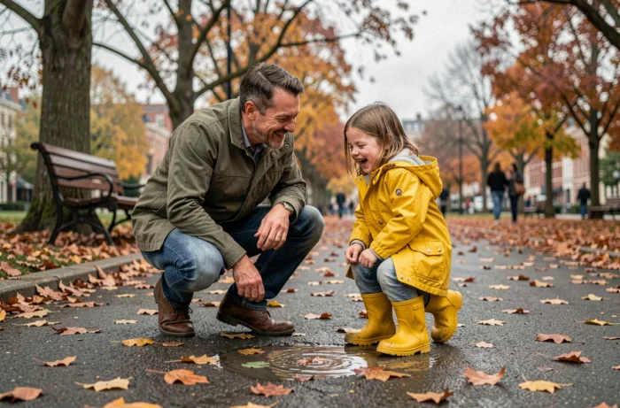 Père et fille en imperméables explorant une flaque d'eau dans un parc automnal coloré