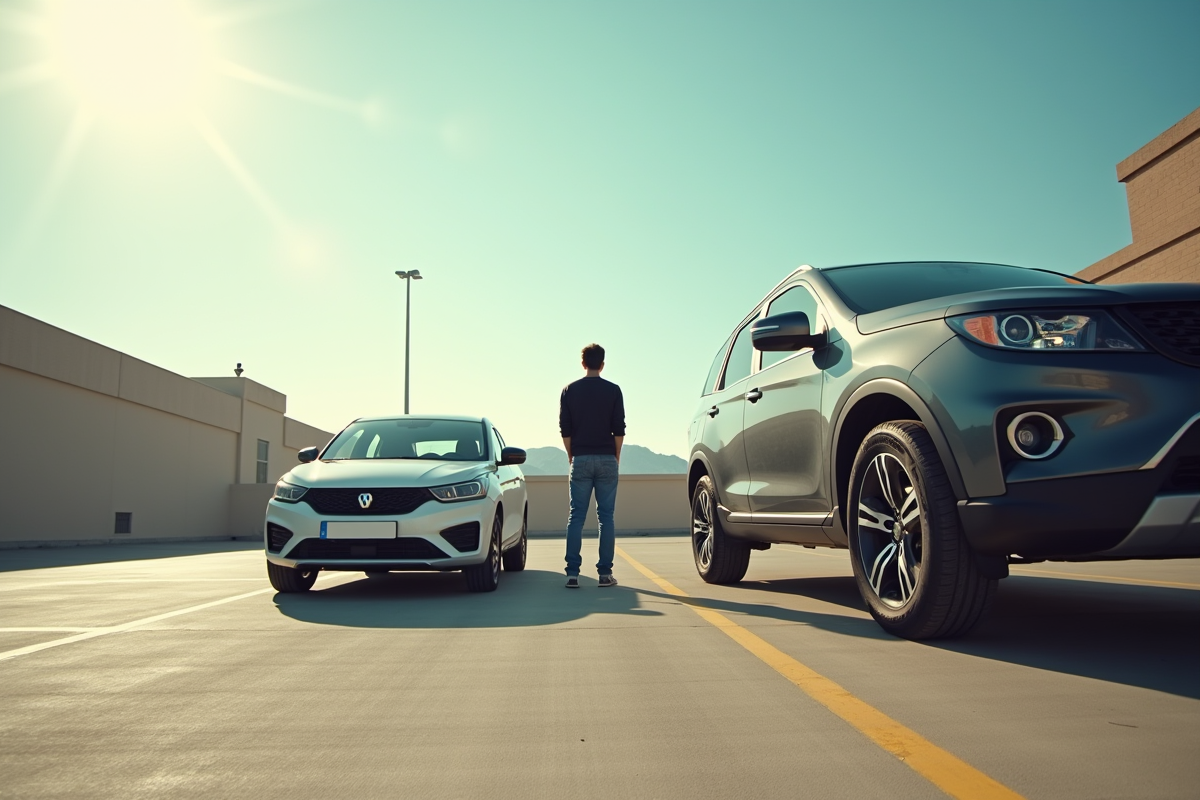 Personne entre un petit hatchback et un grand SUV en parking