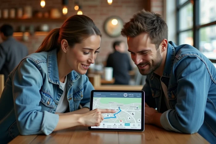 Deux voyageurs planifiant ensemble plusieurs étapes sur une carte numérique dans un café urbain