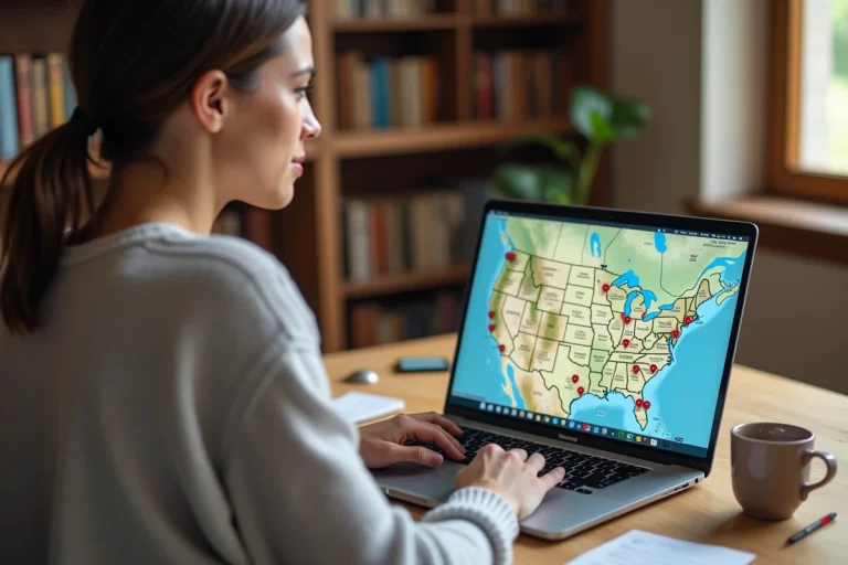 Femme planifiant un itinéraire multi-étapes sur Mappy depuis un ordinateur portable à son bureau à domicile