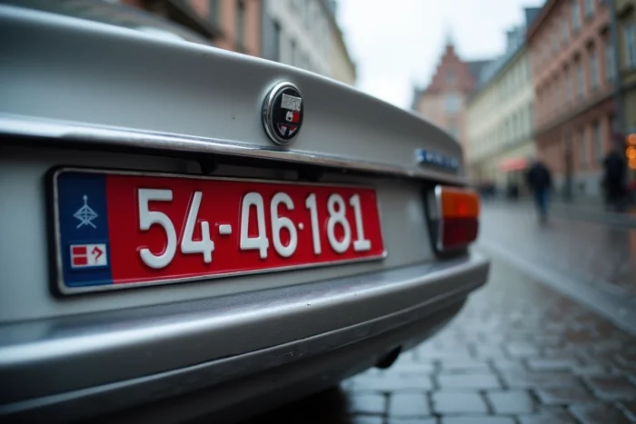 Gros plan sur une plaque d'immatriculation belge rouge sur une voiture garée dans une rue pavée de Bruxelles