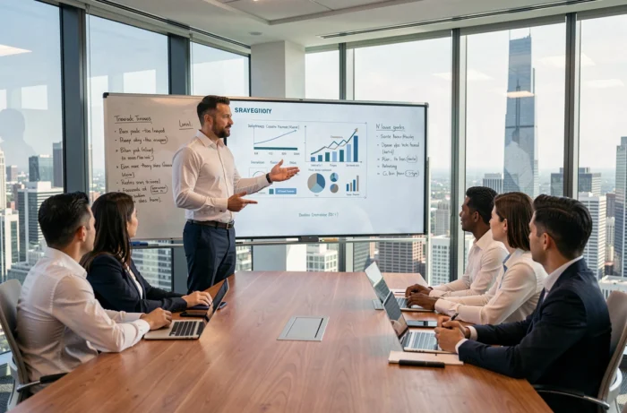 Homme d'affaires présentant une stratégie commerciale à une équipe dans une salle de réunion moderne avec vue sur la ville, tendances business 2024