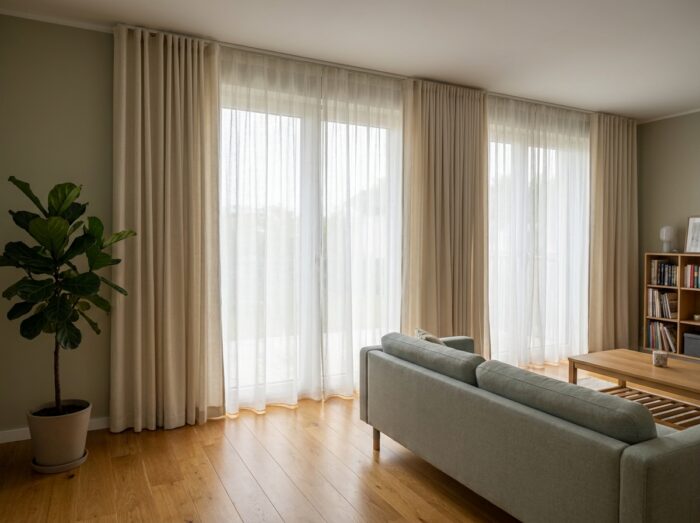 Salon moderne avec double rideau intérieur en lin blanc et voilage filtrant la lumière naturelle, protection solaire intérieure efficace