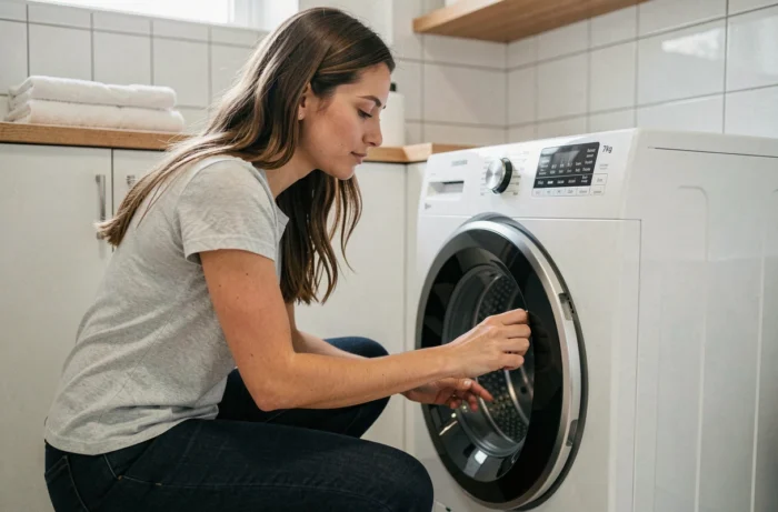 Femme appuyant sur les boutons du panneau de commande d'un lave-linge Samsung Eco Bubble 7kg pour effectuer une réinitialisation