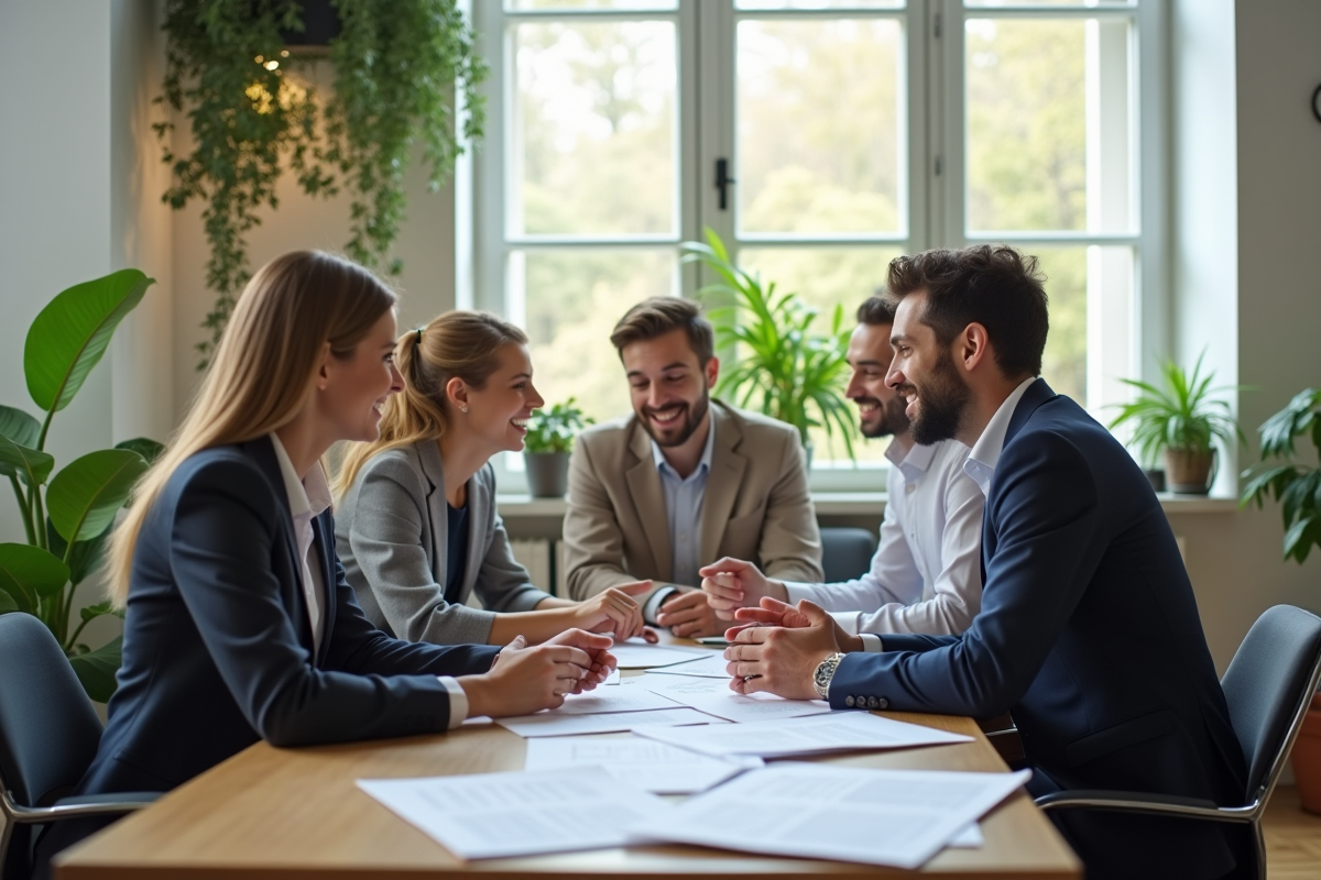 Travailleurs rencontrant un conseiller immobilier dans un bureau lumineux