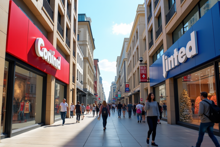 Rue commerçante urbaine avec enseignes modernes et anciennes
