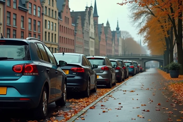 Vue de rue à Gand avec plusieurs voitures aux plaques d'immatriculation belges rouges garées le long d'un canal