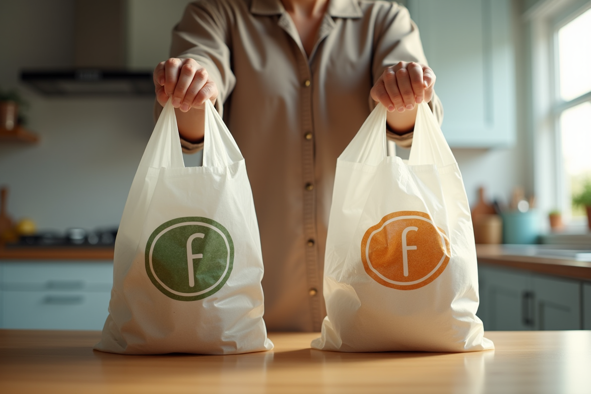 Personne tenant sacs plastiques anciens et nouveaux logos