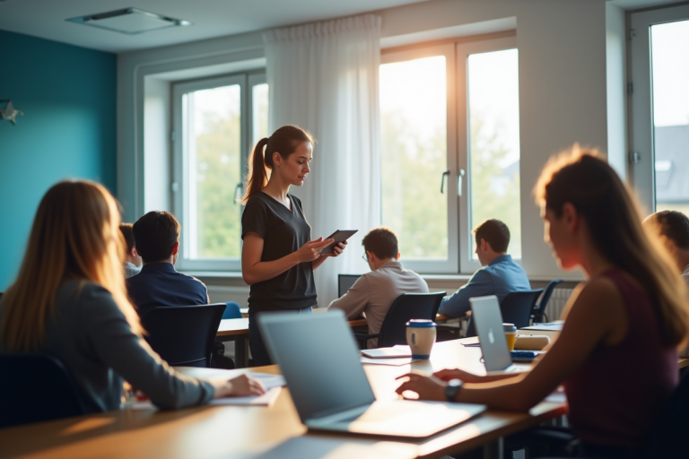 Salle de classe moderne à Grenoble avec enseignant et étudiants