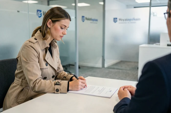 Femme signant un contrat de prêt hypothécaire dans une agence bancaire belge pour financer son bien immobilier