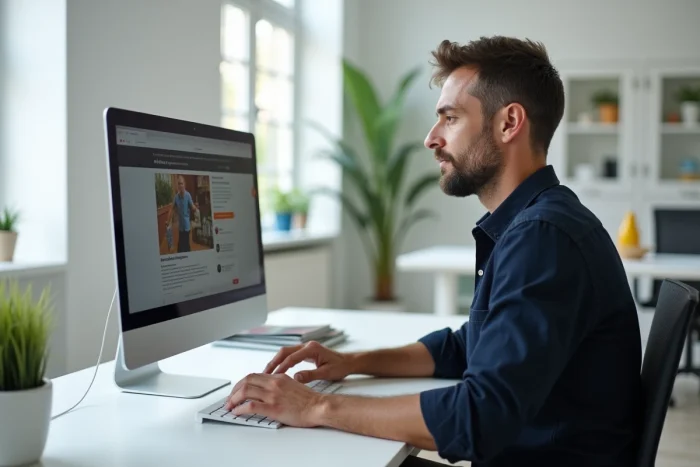 Homme naviguant sur un site de téléchargement de magazines sur ordinateur de bureau moderne