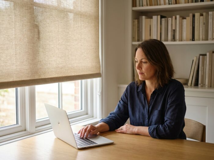Femme travaillant dans un bureau à domicile équipé d'un store enrouleur en tissu sable, illustration de la protection solaire intérieure pour bureau