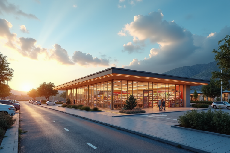 Supermarché moderne dans une petite ville insulaire au matin