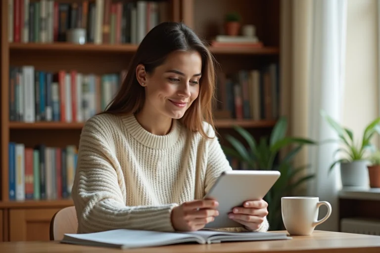 Femme lisant un magazine numérique sur tablette dans un bureau à domicile chaleureux
