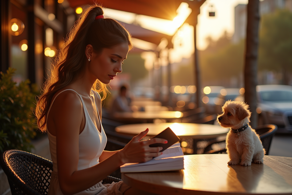 Terrasse extérieure à Los Angeles avec une femme et un chien