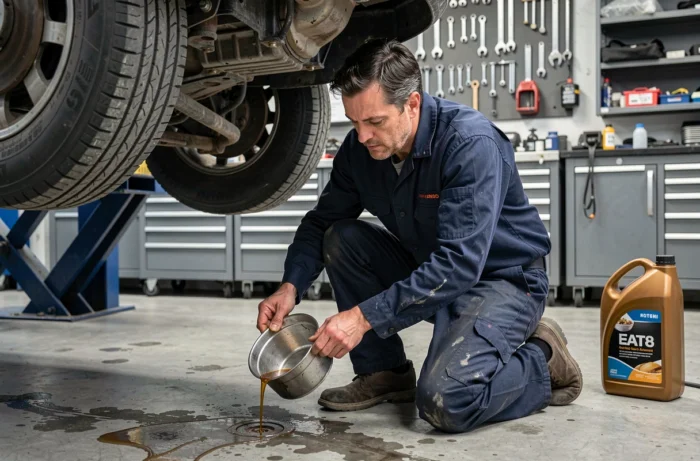 Technicien automobile effectuant la vidange de la boîte de vitesses automatique EAT8 sous un véhicule surélevé dans un garage professionnel