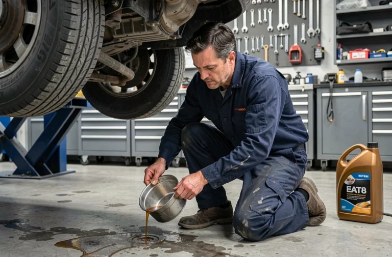 Technicien automobile effectuant la vidange de la boîte de vitesses automatique EAT8 sous un véhicule surélevé dans un garage professionnel