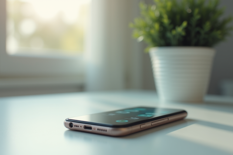 Smartphone ancien sur bureau lumineux avec application de messagerie