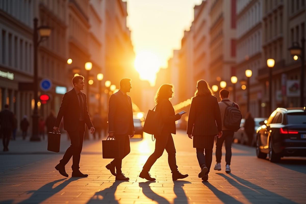 Silhouettes de professionnels traversant une place au lever du soleil