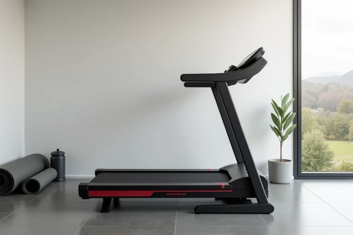 Vue complète du tapis de course Sportstech F17 installé dans une salle de fitness à domicile bien équipée