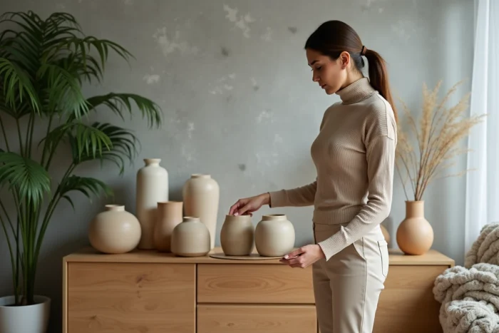 Femme élégante arrangeant des vases en céramique dans un intérieur moderne
