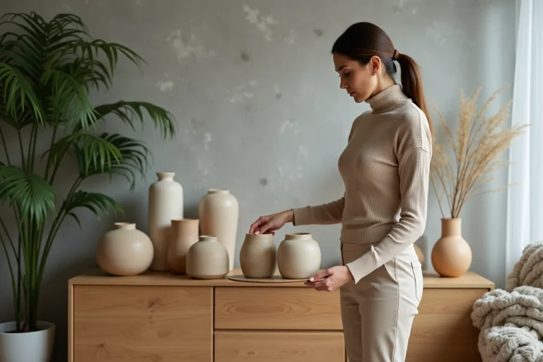 Femme élégante arrangeant des vases en céramique dans un intérieur moderne